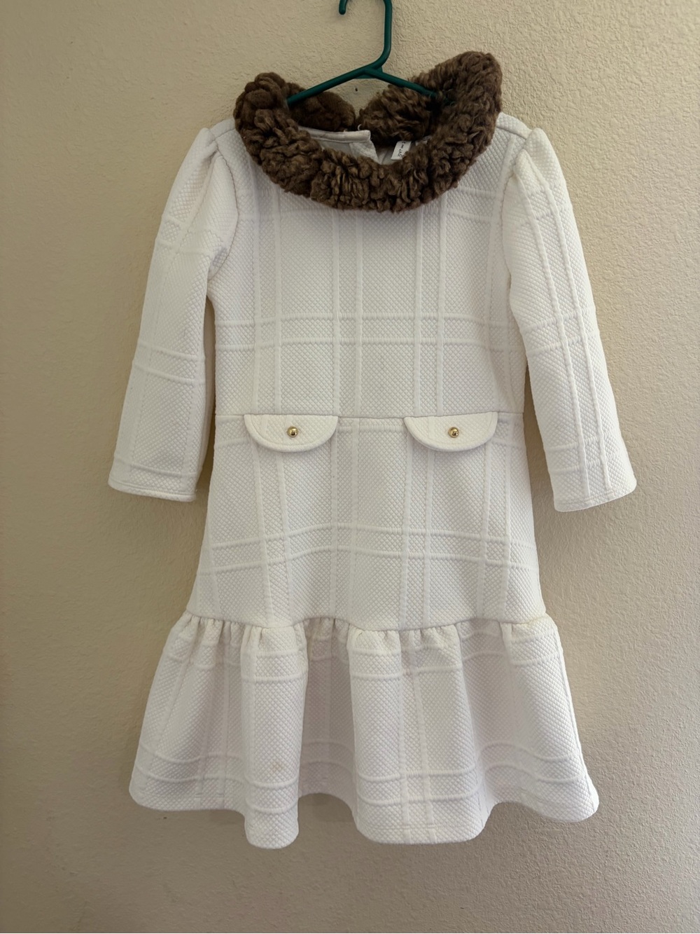 Janie and Jack Holiday White Textured Dress with Brown Faux-Fur Collar